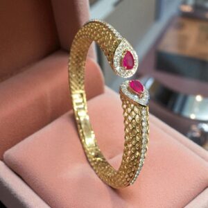 B-016-Y (25) Pave 3.70 Cts Round Brilliant Cut F/VS1 Diamonds Ruby Cuff Bracelet in 18K Gold