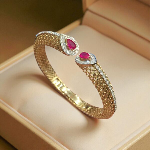 Pave 3.70 Cts Round Brilliant Cut F/VS1 Diamonds Ruby Cuff Bracelet in 18K Gold