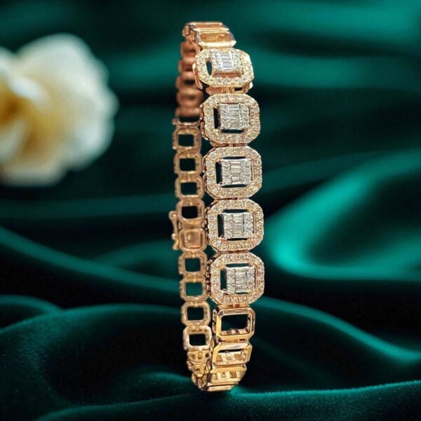 B-070 (15) Pave 1.66 Cts Round Baguette Shape Diamonds Halo Tennis Bracelet 14K Rose Gold