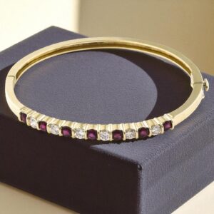 B-083 (7) 1.50 Cts Round Brilliant Cut F/VS1 Diamonds Ruby Hinged Bracelet 14K Yellow Gold