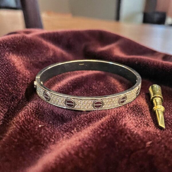 B-127 (18) Pave 3.86 Cts Round Brilliant F/VS1 Diamonds Unisex Love Screw Bracelet 14K Gold