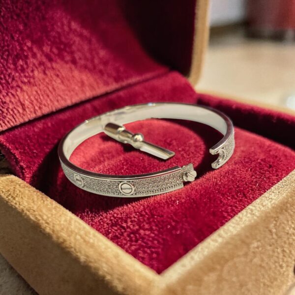 B-128-W (17) Pave 2.87 Cts Round Brilliant F/VS1 Diamonds Unisex Love Screw Bracelet In 14K Gold