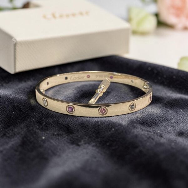 B-138 (15) 1.10 Cts Natural Rainbow Gemstone Unisex Love Double Screw Bracelet in 14K White Gold