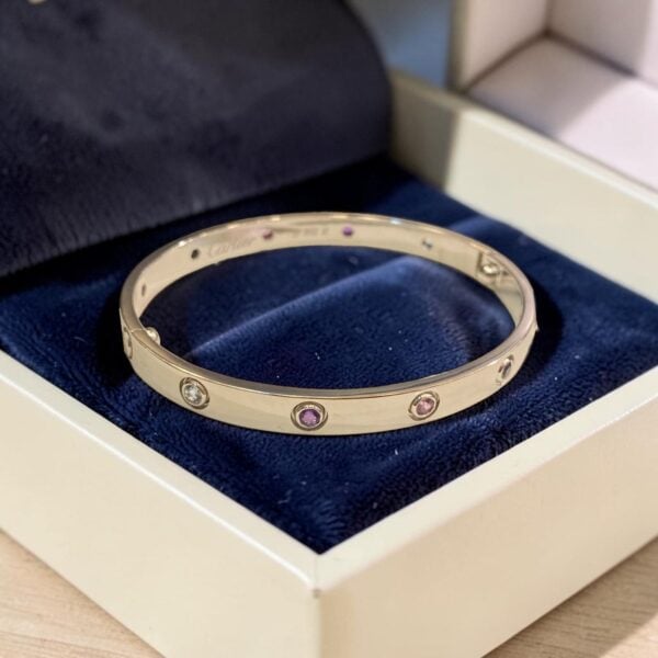 B-138 (18) 1.10 Cts Natural Rainbow Gemstone Unisex Love Double Screw Bracelet in 14K White Gold