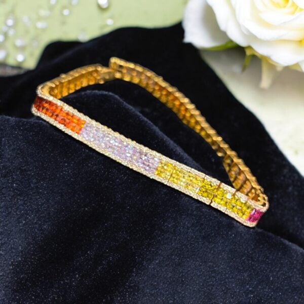 B-593 (22) Pave 19.10 Cts Round Brilliant F/VS1 Diamonds Sapphire Rainbow Bracelet 14K Gold