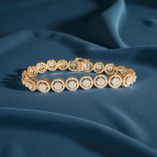 Pave 3.98 Cts Round Brilliant F/VS1 Diamonds Halo Tennis Bracelet 14K Rose Gold