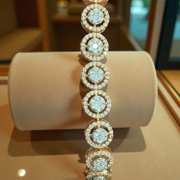 Pave 3.98 Cts Round Brilliant F/VS1 Diamonds Halo Tennis Bracelet 14K Rose Gold