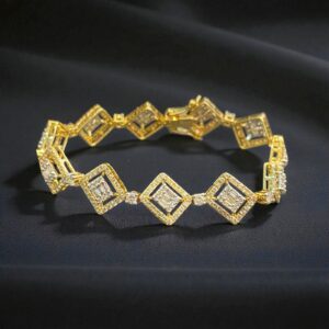 B-621 (27) Pave 4.10 Cts Round Baguette Shape Diamonds Tennis Bracelet Fine 14K Yellow Gold