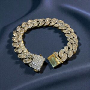 B-626 (16) 11.41 Cts F/VS1 Round Princess Shape Diamonds Men's Cuban Link Bracelet 14K Gold