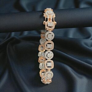 B-627 (17) Pave 4.18 Cts Round Baguette Shape F/VS1 Diamonds Halo Tennis Bracelet 14K Gold