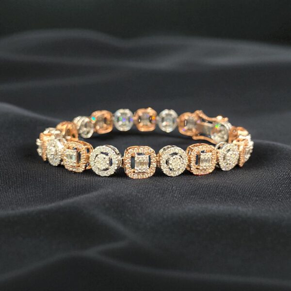 Pave 4.18 Cts Round Baguette Shape F/VS1 Diamonds Halo Tennis Bracelet 14K Gold