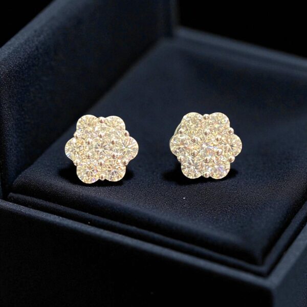 E-031 (24) Pave 2.10 Cts F/VS1 Round Brilliant Cut Diamonds Floral Stud Earrings 14K Gold