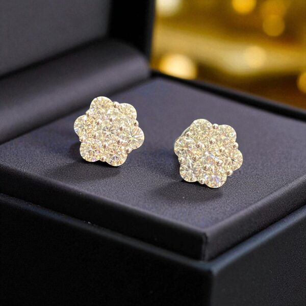 E-031 (25) Pave 2.10 Cts F/VS1 Round Brilliant Cut Diamonds Floral Stud Earrings 14K Gold