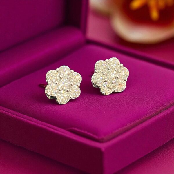 E-031 (27) Pave 2.10 Cts F/VS1 Round Brilliant Cut Diamonds Floral Stud Earrings 14K Gold