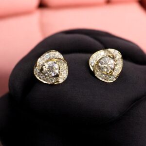 Pave 0.90 Cts Round Brilliant Cut Diamonds Solitaire Stud Earrings Fine 18K Gold