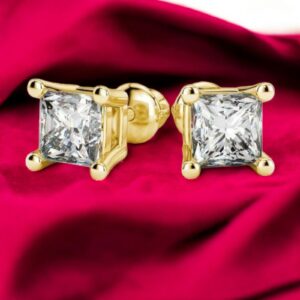 E-056 (9) GIA Certified 0.70 Cts F/VS Princess-Cut Diamonds 4-Prong Stud Earrings 18K Gold
