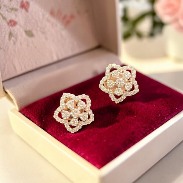 Pave 0.82 Cts Round Brilliant F/VS1 Diamonds Floral Stud Earrings 14K Rose Gold