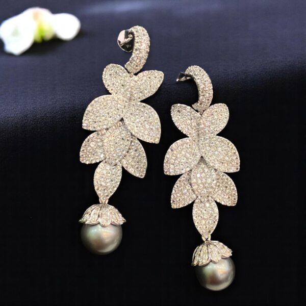 E-079 (17) Pave 56.10 Cts White Sapphire Pearls Floral Motif Dangle Earrings 18K White Gold