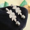 E-079 (18) Pave 56.10 Cts White Sapphire Pearls Floral Motif Dangle Earrings 18K White Gold