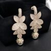 E-079 (19) Pave 56.10 Cts White Sapphire Pearls Floral Motif Dangle Earrings 18K White Gold