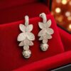 E-079 (20) Pave 56.10 Cts White Sapphire Pearls Floral Motif Dangle Earrings 18K White Gold
