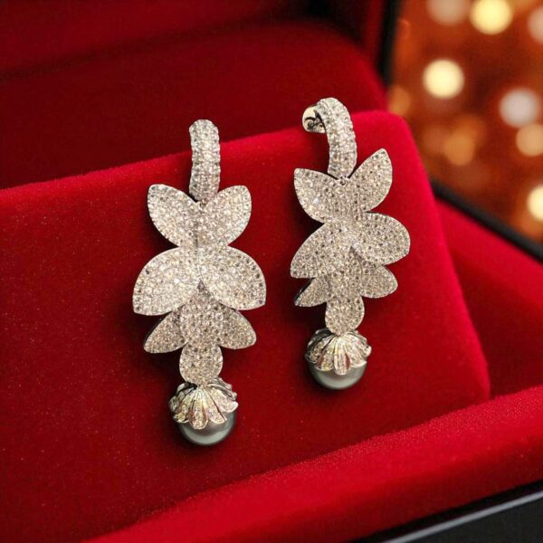 E-079 (20) Pave 56.10 Cts White Sapphire Pearls Floral Motif Dangle Earrings 18K White Gold