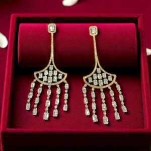 E-084 (15) Gorgeous 2.32 Carats Round Baguette Shape Natural Diamonds Dangle Earrings 14K Gold