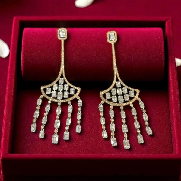 Gorgeous 2.32 Carats Round Baguette Shape Natural Diamonds Dangle Earrings 14K Gold