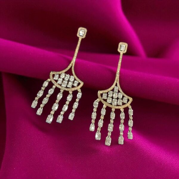 Gorgeous 2.32 Carats Round Baguette Shape Natural Diamonds Dangle Earrings 14K Gold