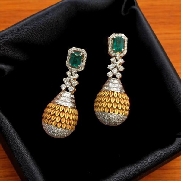 Elegant 6.30 Cts Round Baguette Shape Diamonds Emerald Dangle Earrings 14K Gold