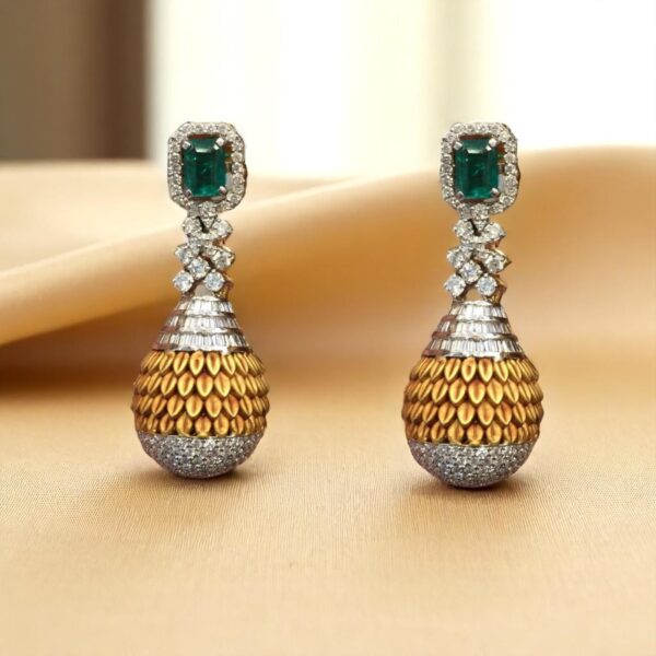 Elegant 6.30 Cts Round Baguette Shape Diamonds Emerald Dangle Earrings 14K Gold