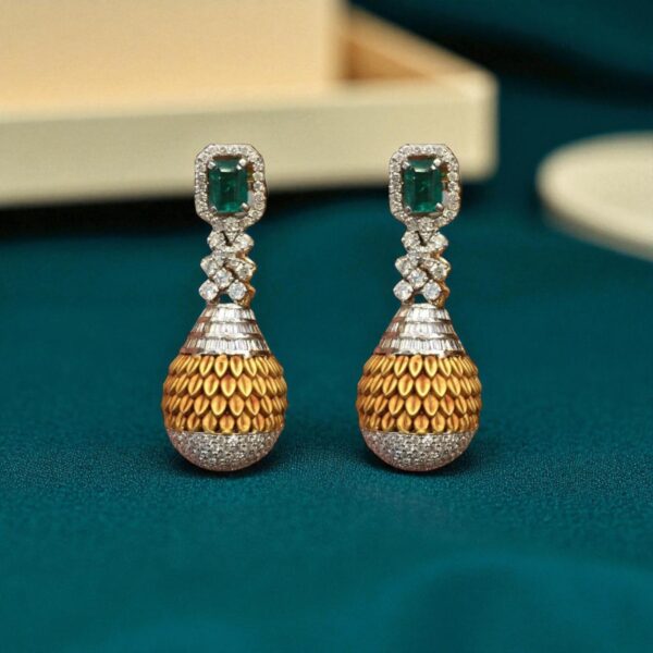 Elegant 6.30 Cts Round Baguette Shape Diamonds Emerald Dangle Earrings 14K Gold