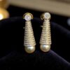 Stunning 21.66 Cts Round Brilliant Cut Diamonds Pearls Dangle Earrings 14K Gold