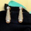 Stunning 21.66 Cts Round Brilliant Cut Diamonds Pearls Dangle Earrings 14K Gold