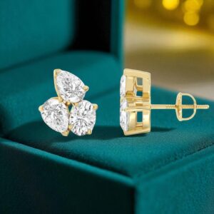 E-100 (12) 1.60 Carats F/VS1 Pear Oval Shape Diamonds Trilogy Stud Earrings in 14K Yellow Gold