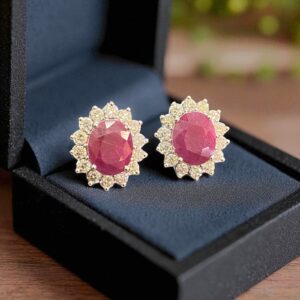 Pave 8.44 Carats Round Brilliant Cut Diamonds Ruby Floral Stud Earrings 14K Gold