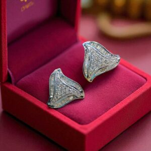 E-109 (21) Elegant 1.35 Cts Round Baguette Shape Natural Diamonds Stud Earrings in 14K Gold