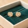 Pave 0.70 Carats Heart Round Shape F/VS1 Diamonds Halo Stud Earrings In 18K Gold