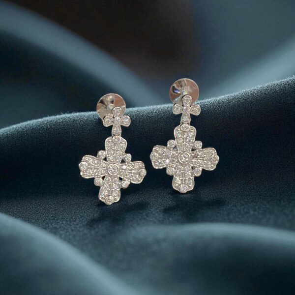 E-112 (18) Pave 1.01 Cts Round Brilliant Cut F/VS1 Diamonds Cross Dangle Earrings 18K Gold