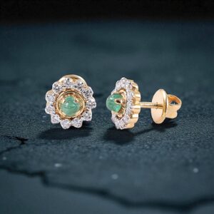 E-116 (5) Classy 1.10 Carats Round Brilliant F/VS1 Diamonds Emerald Stud Earrings 14K Gold