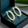 Pave 0.88 Cts F/VS1 Baguette Cut Natural Diamonds Hoop Earrings 14K Yellow Gold