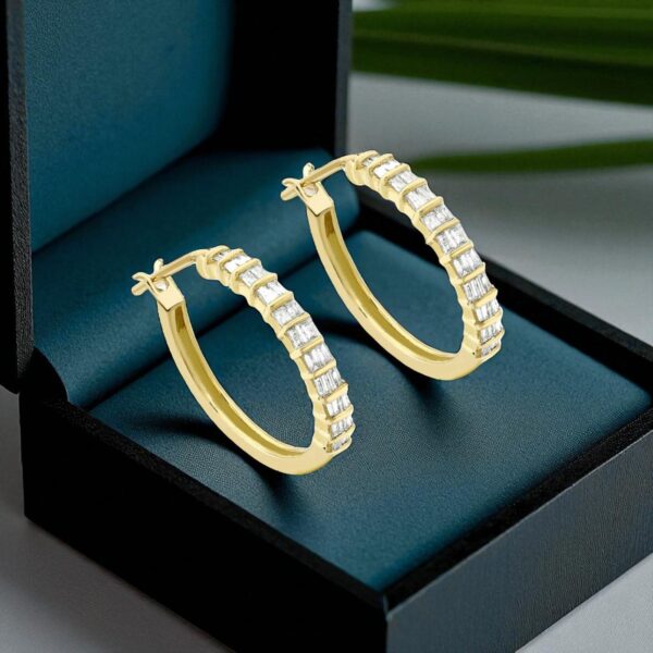 Pave 0.88 Cts F/VS1 Baguette Cut Natural Diamonds Hoop Earrings 14K Yellow Gold