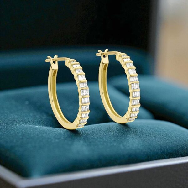 Pave 0.88 Cts F/VS1 Baguette Cut Natural Diamonds Hoop Earrings 14K Yellow Gold