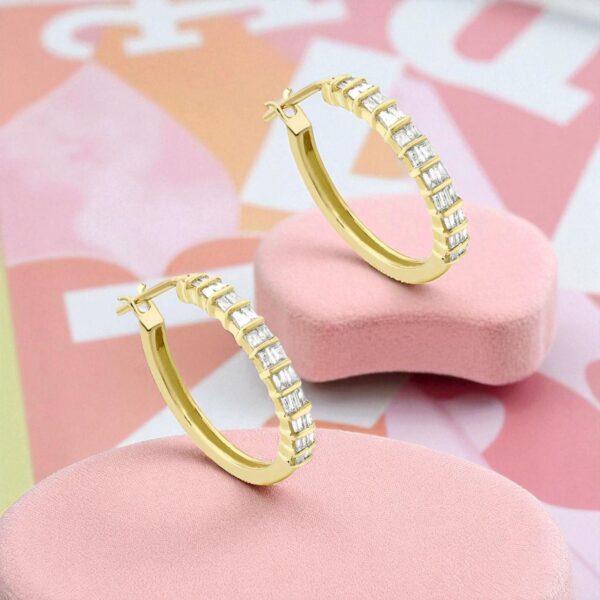 Pave 0.88 Cts F/VS1 Baguette Cut Natural Diamonds Hoop Earrings 14K Yellow Gold