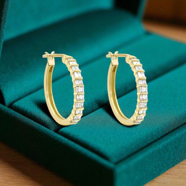 Pave 0.88 Cts F/VS1 Baguette Cut Natural Diamonds Hoop Earrings 14K Yellow Gold