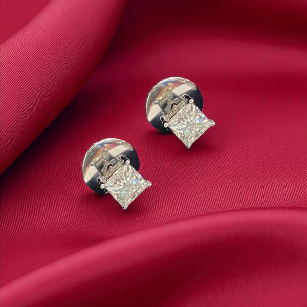 E-118 (14) GIA Certified 1 Cts F/VS1 Princess Shape Natural Diamonds Stud Earrings 18K Gold