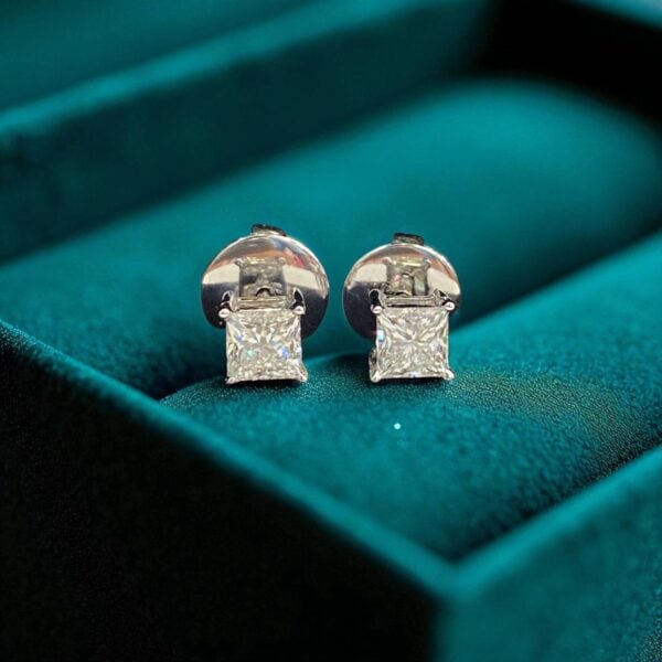 E-118 (15) GIA Certified 1 Cts F/VS1 Princess Shape Natural Diamonds Stud Earrings 18K Gold
