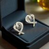 Pave 0.89 Carats F/VS1 Round Brilliant Cut Diamonds Heart Stud Earrings 18K Gold