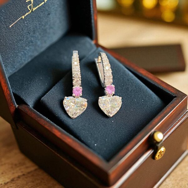 E-128 (24) GIA Certified 4.40 Cts Heart Round Shape F/VS1 Diamonds Dangle Earrings 18K Gold