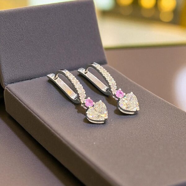 E-128 (25) GIA Certified 4.40 Cts Heart Round Shape F/VS1 Diamonds Dangle Earrings 18K Gold